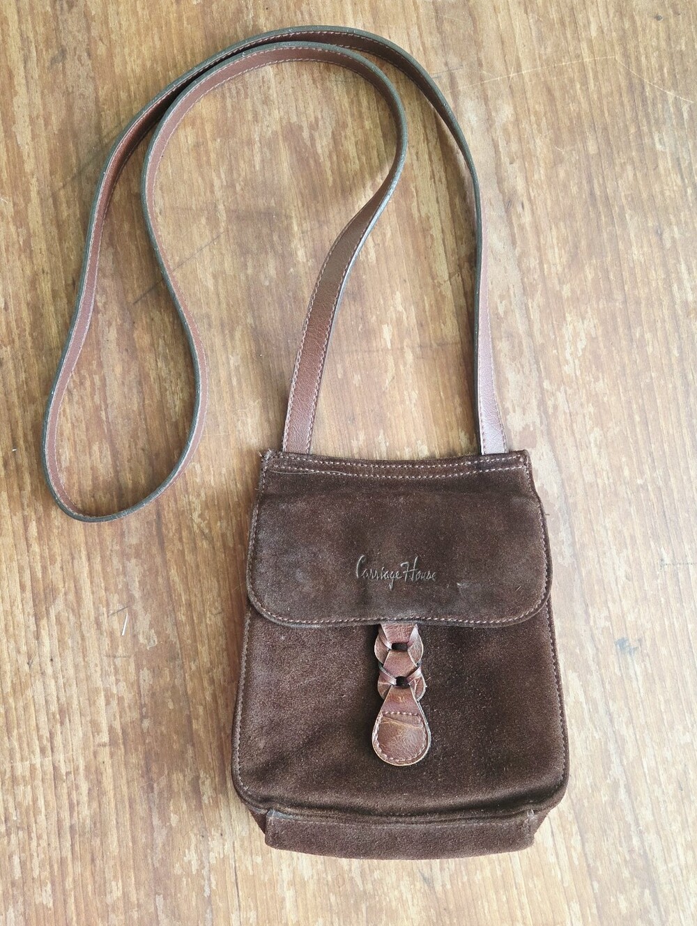 Vtg 80s Carriage House Crossbody Handbag Brown Brown Suede Leather